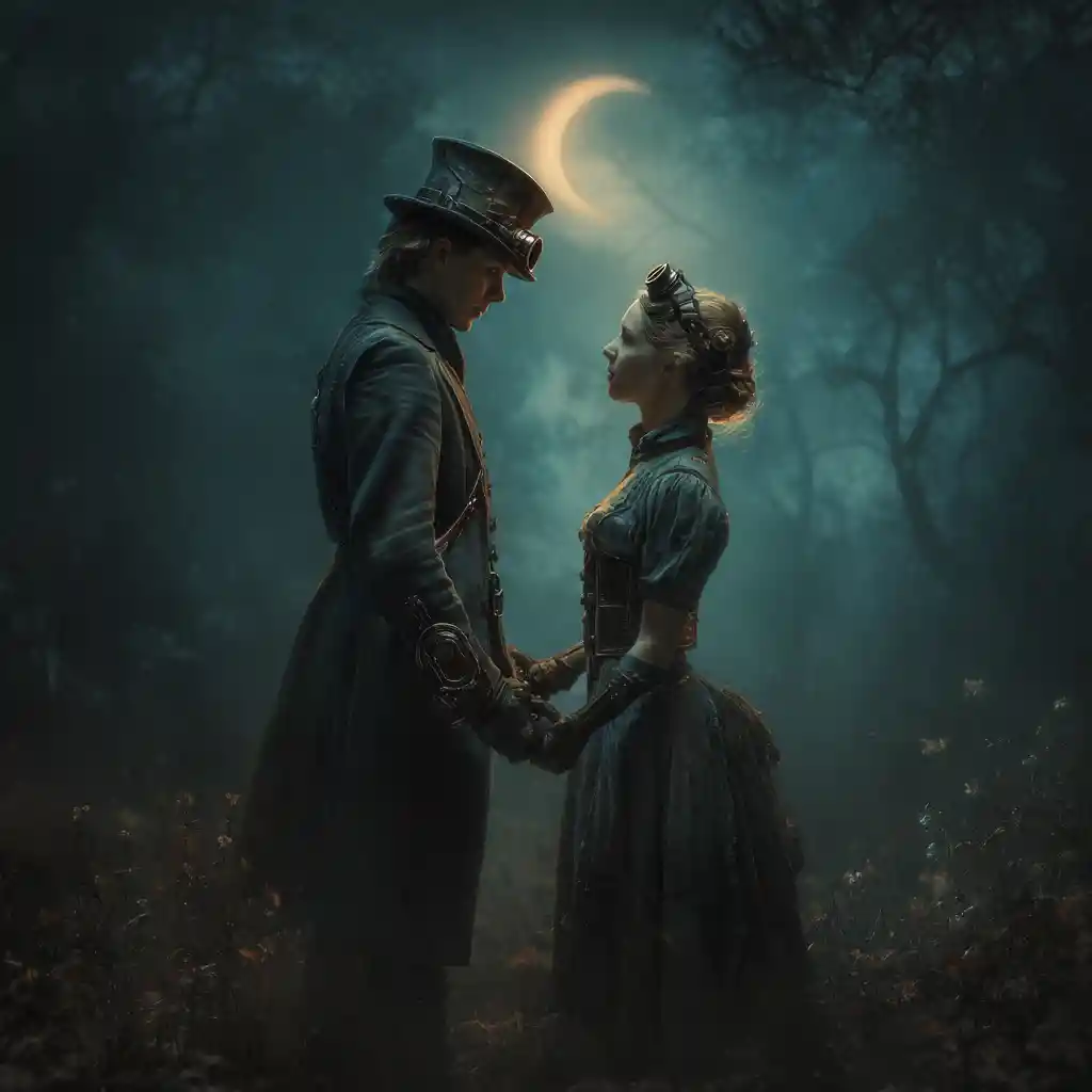 Dark steampunk couple holding hands in moonlit forest