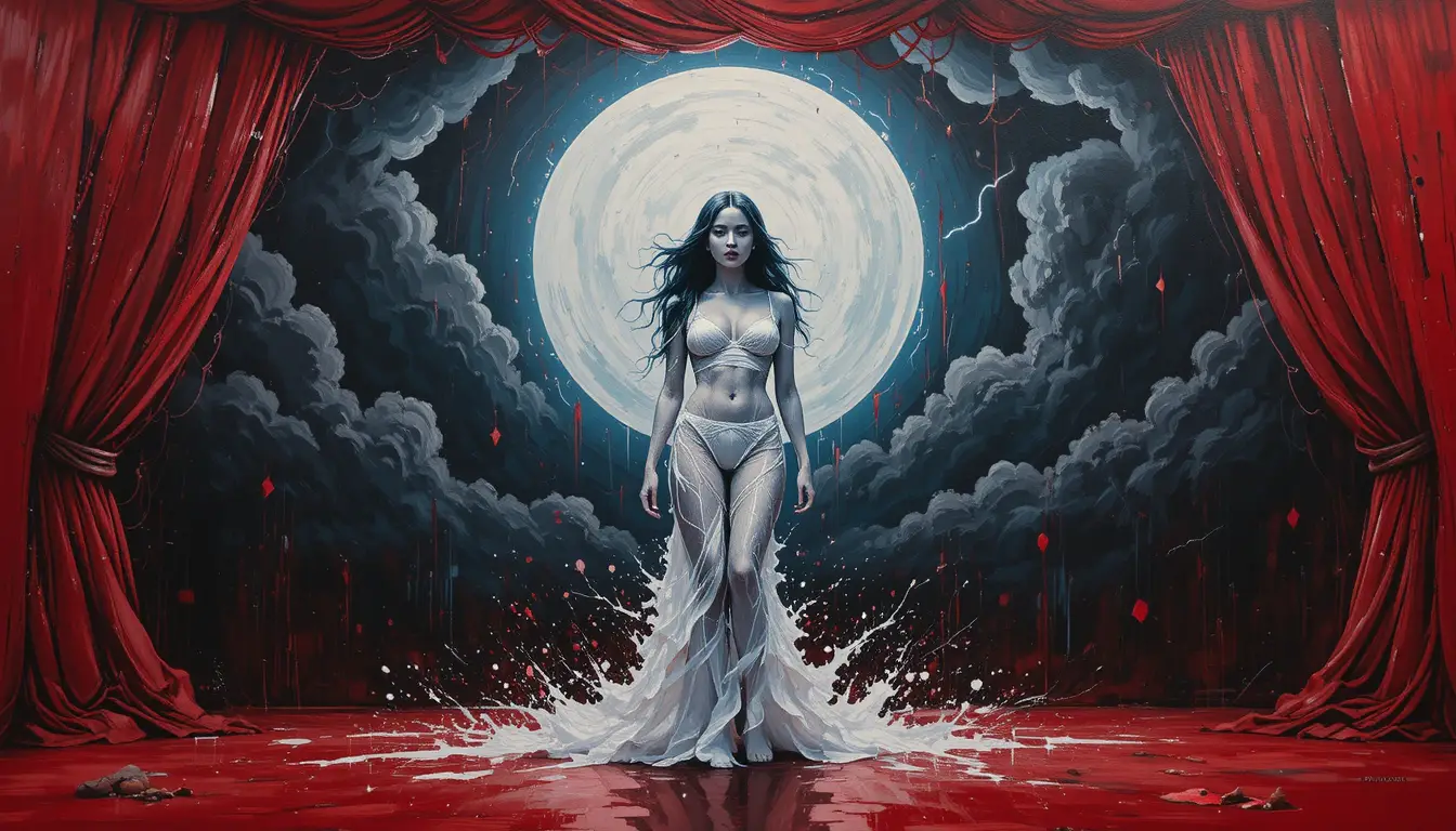Woman in white paint on stage under crescent moon