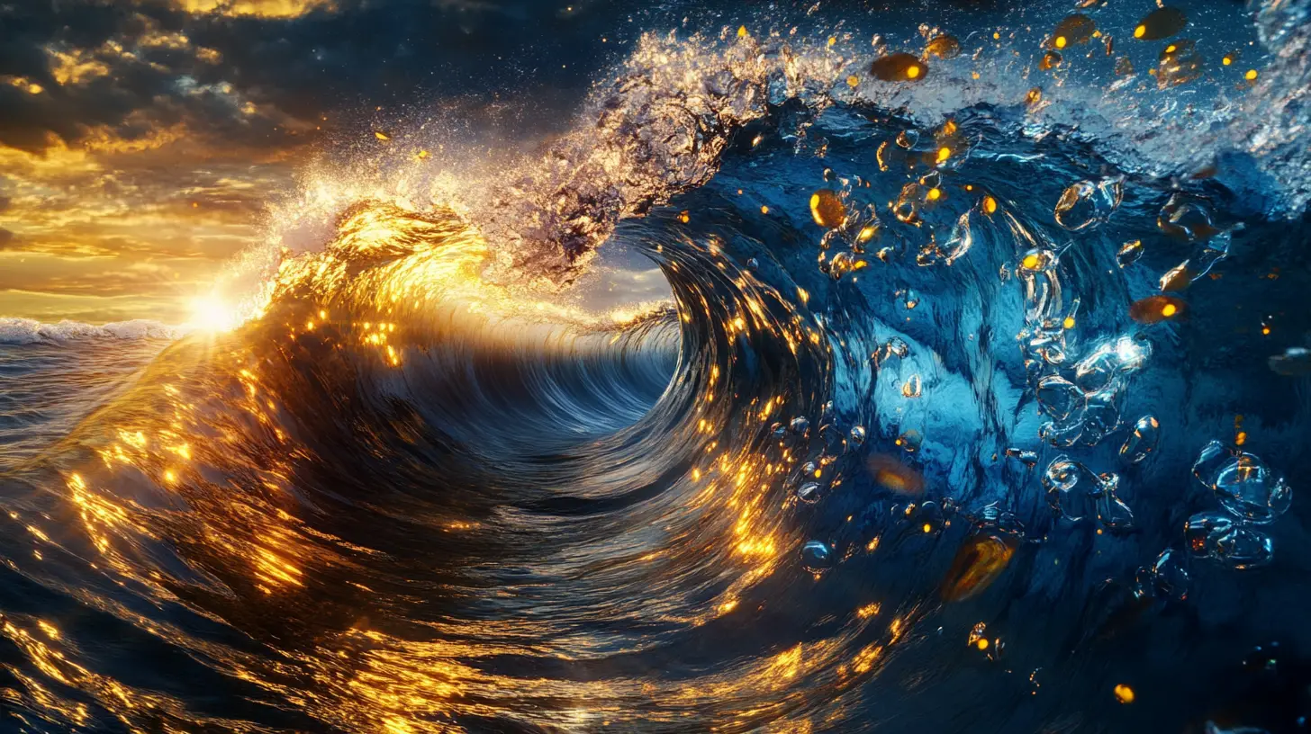 Surreal Ocean Wave Divided Into Sunlit And Bioluminescent Halves