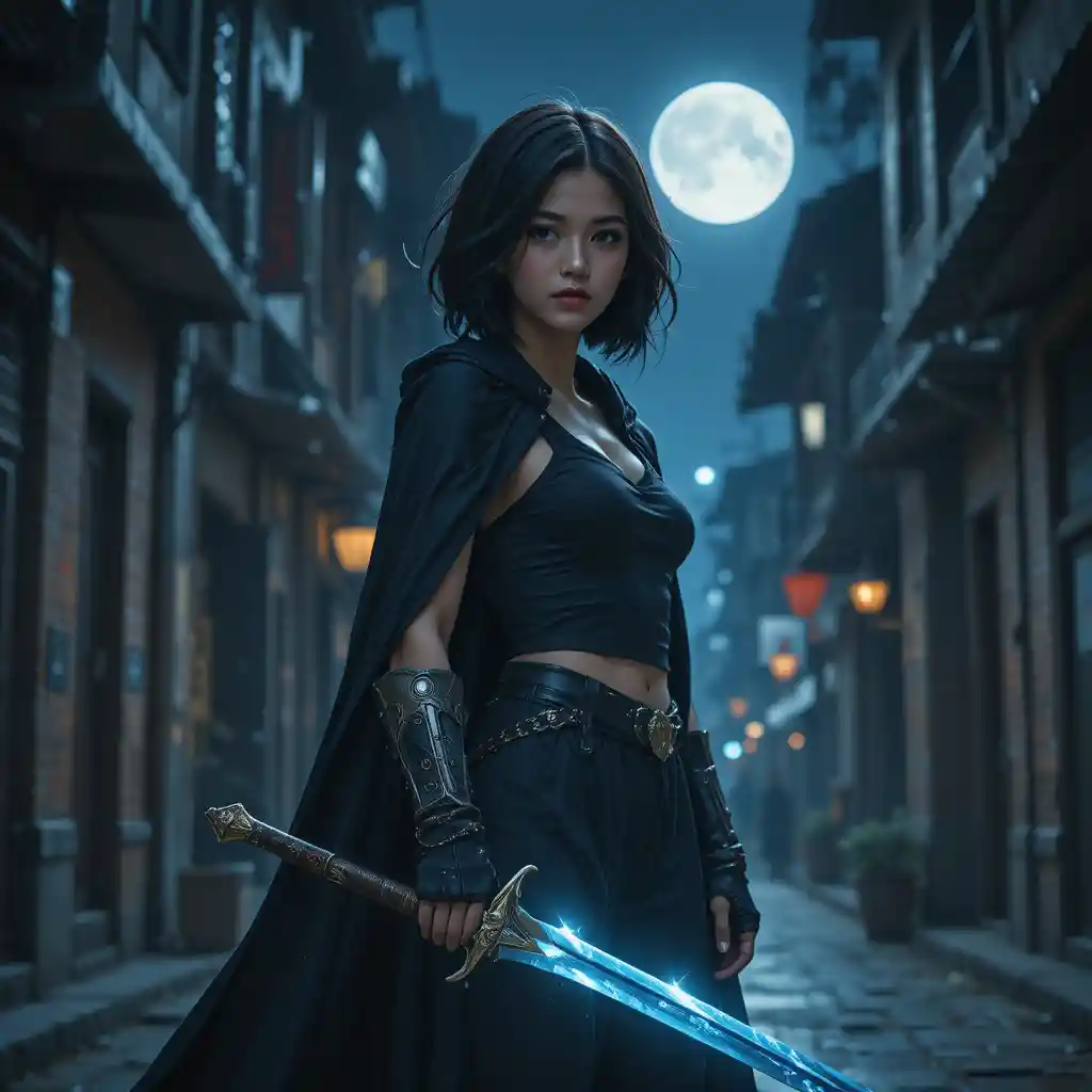 Young warrior woman with sword in a moonlit city alley
