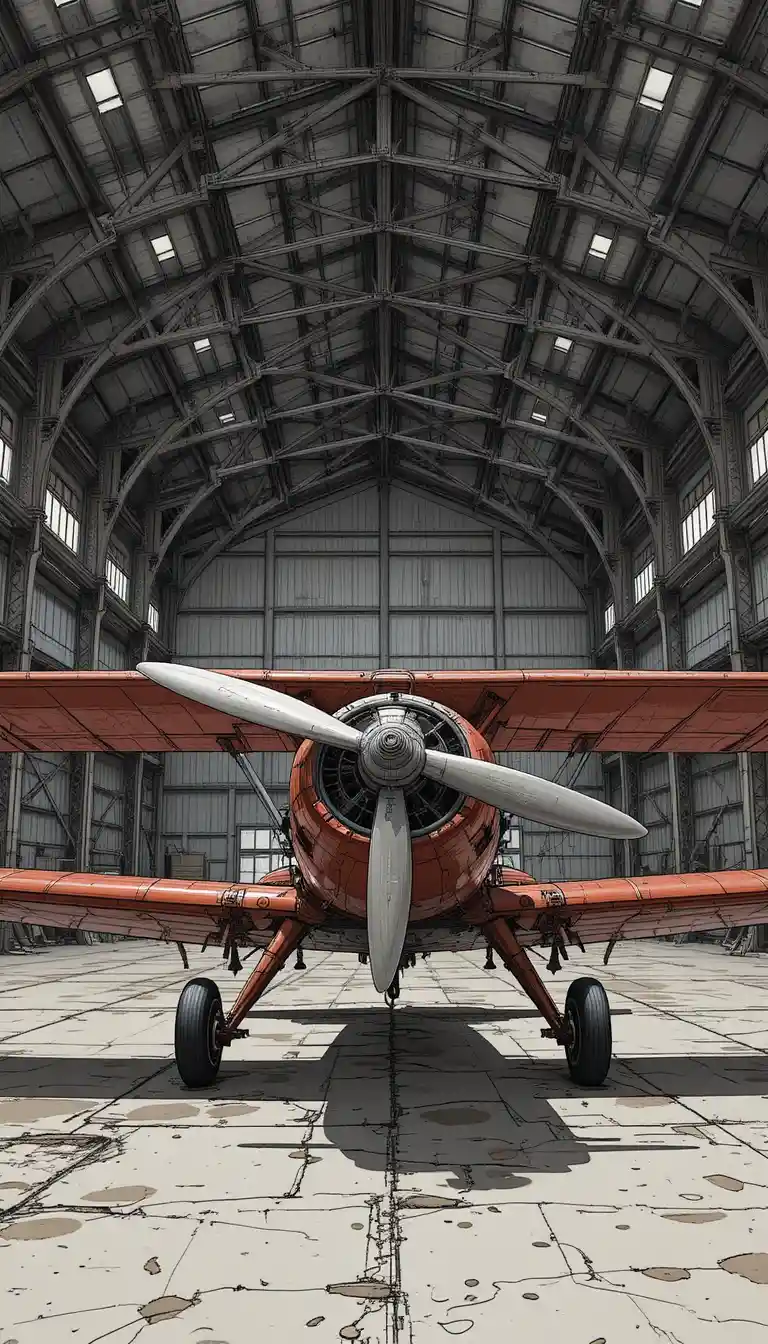 Vintage red biplane inside a vast industrial hangar