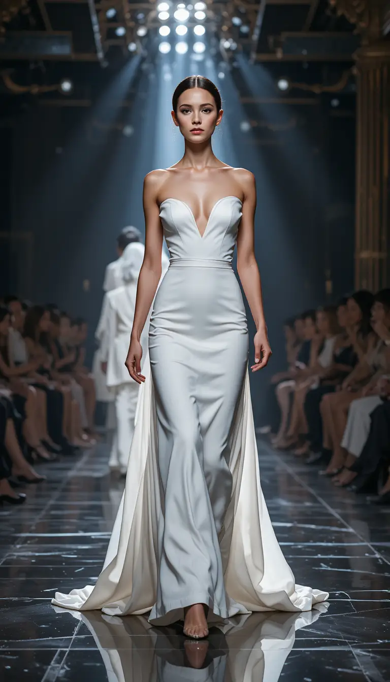 Elegant model in white gown on luxury fashion runway