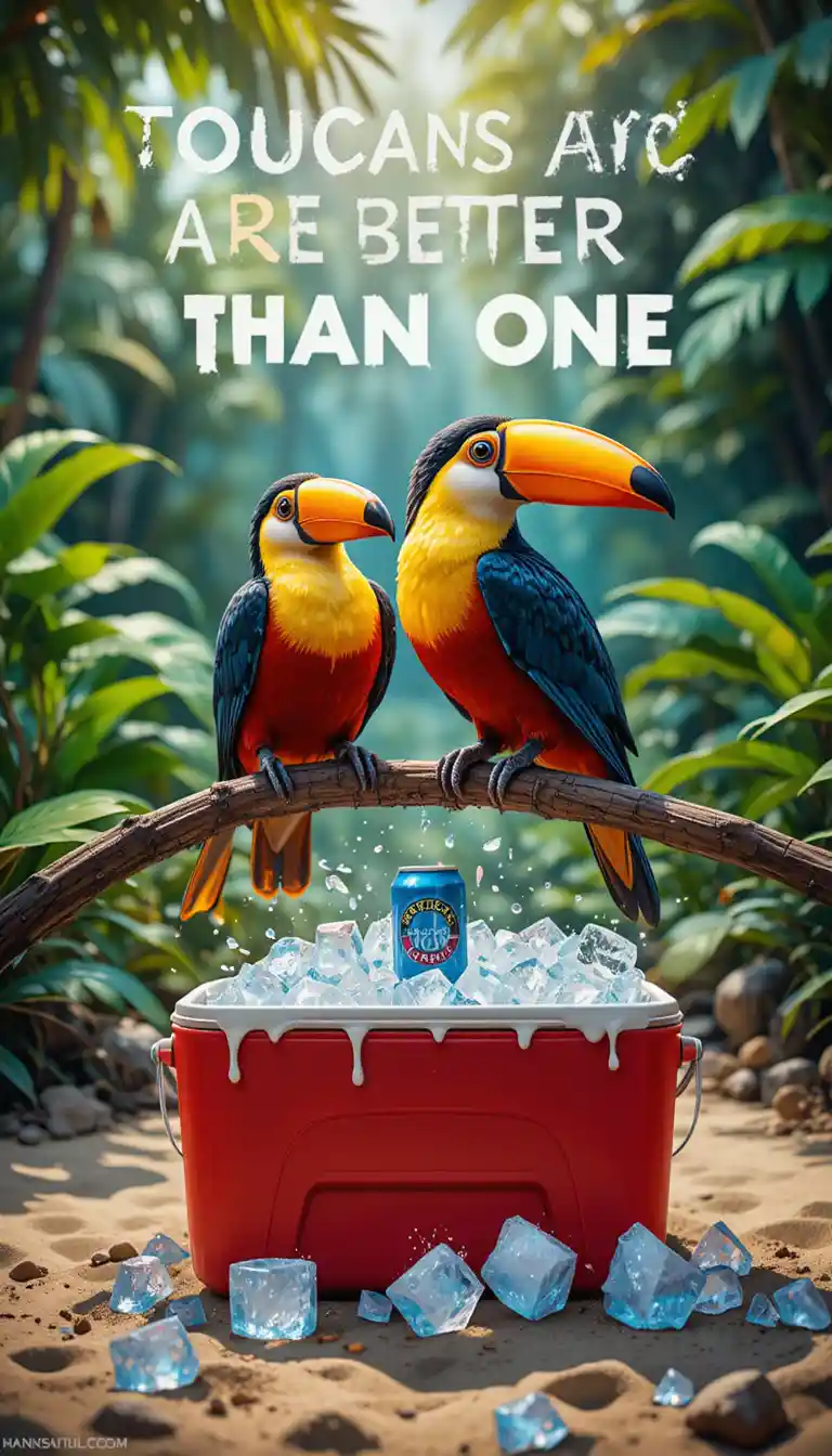 Two toucans on a branch above a cooler of beer
