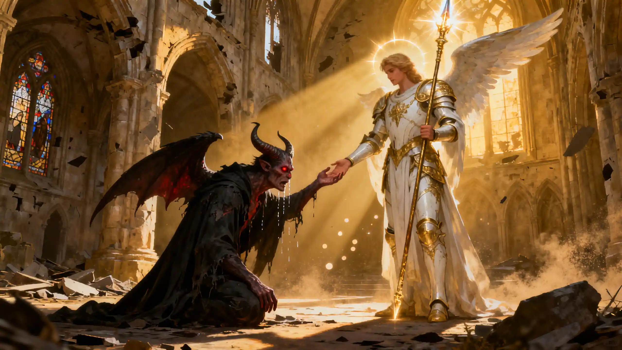 Archangel Offering Salvation To Weeping Demon In Cathedral