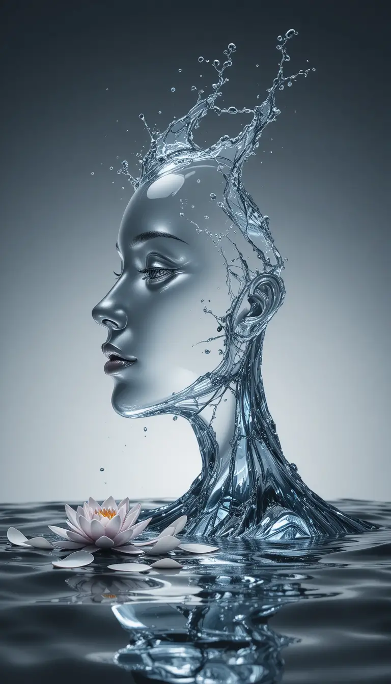 発光する人の顔の輪郭を形づくるスタイライズされた水しぶき