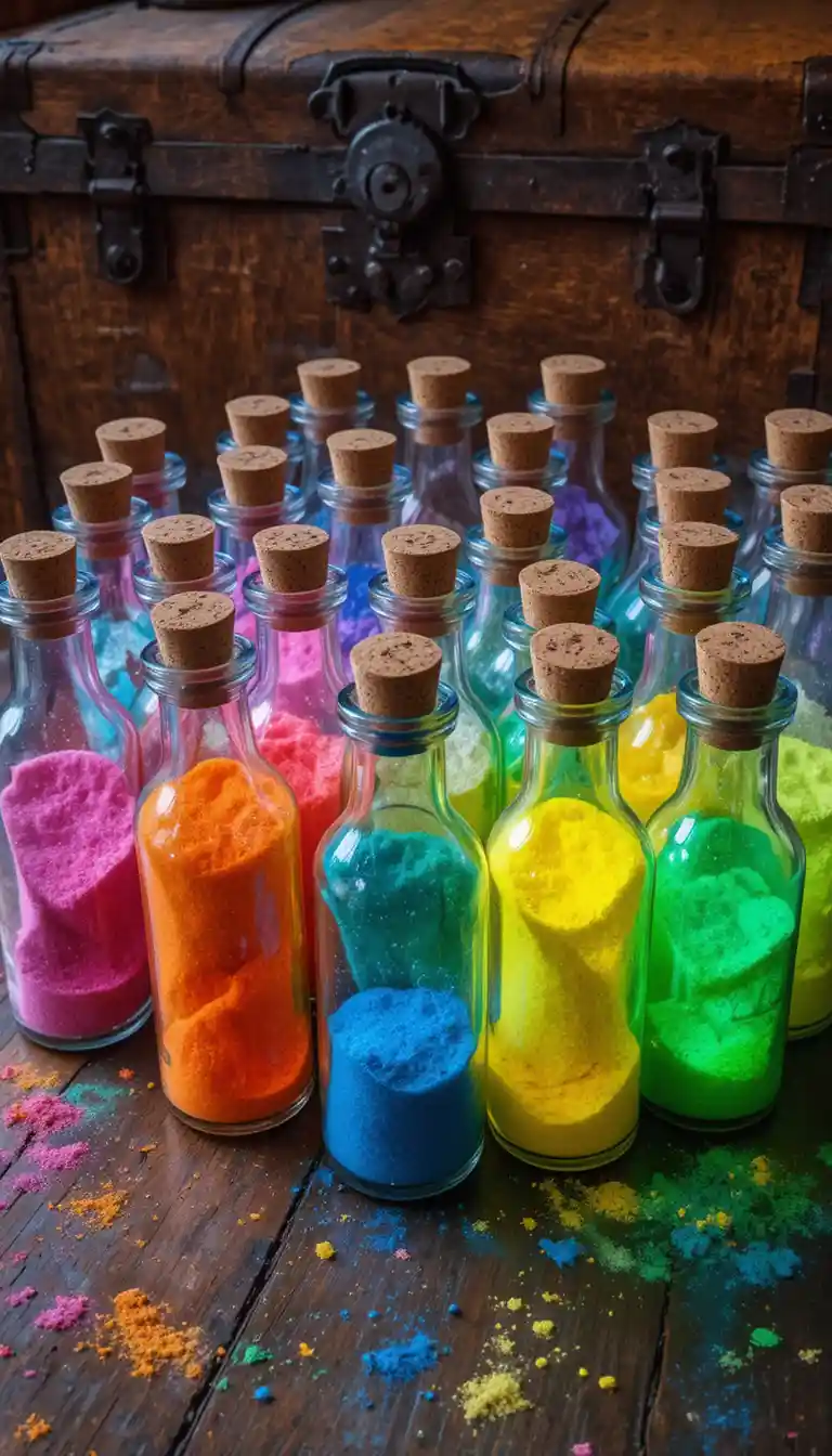 Bunte sandgefüllte Glasflaschen auf einem rustikalen Holztisch