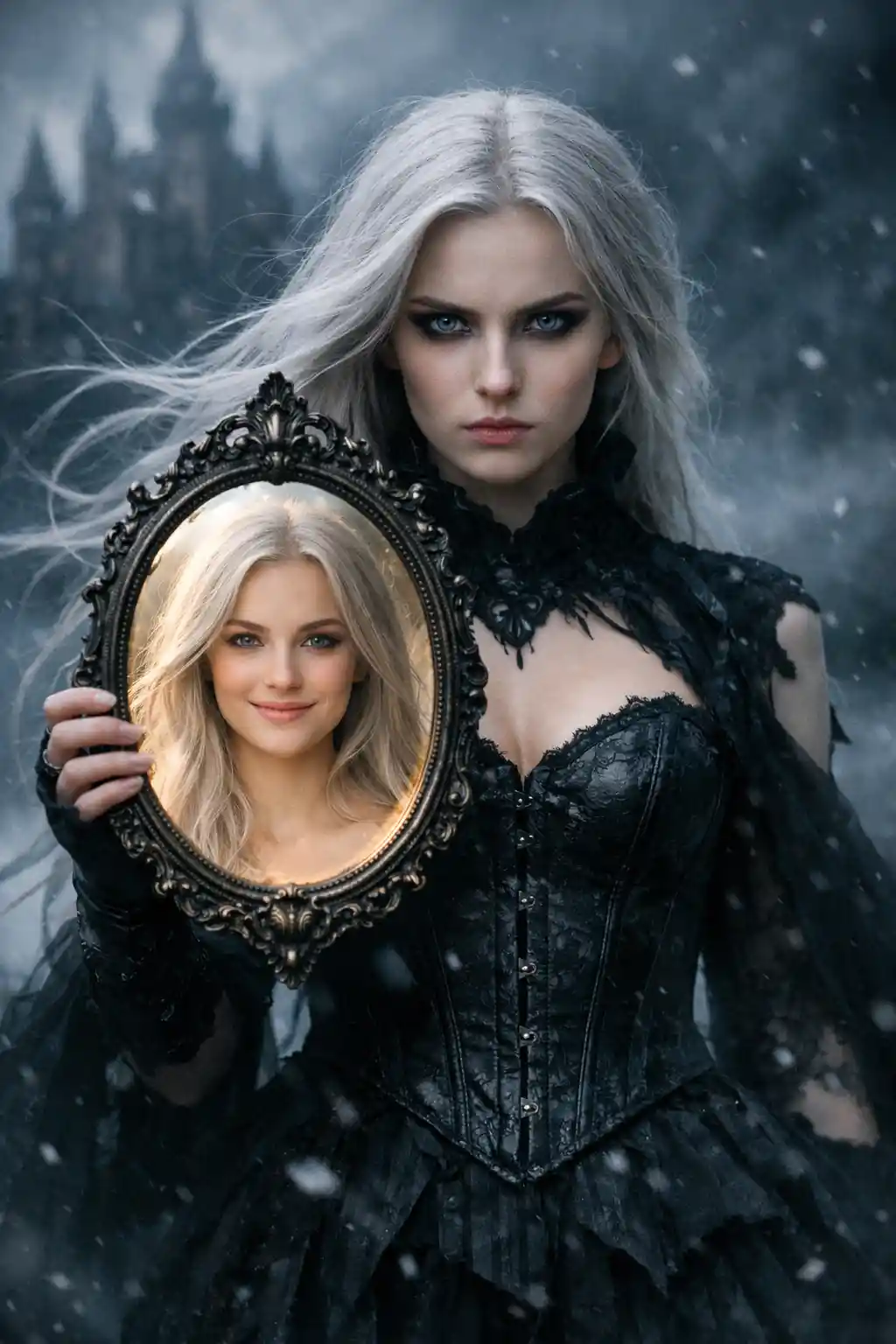 Mysterious woman with silver hair in a gothic portrait