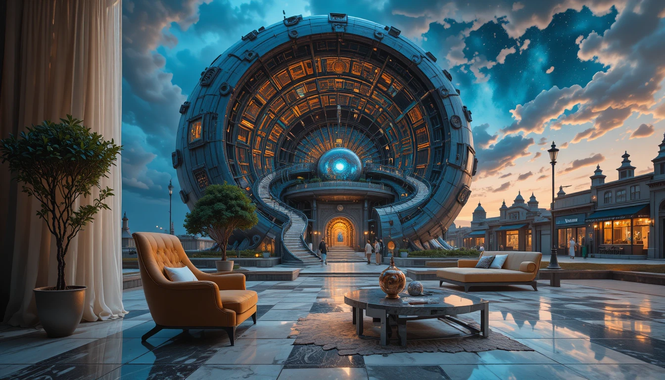 Edificio a spirale futuristico che brilla sotto un cielo crepuscolare