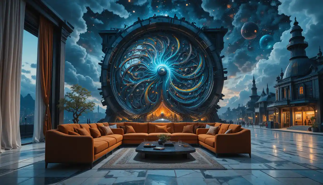 Sedia di fronte a dipinto cosmico surreale in interno moderno