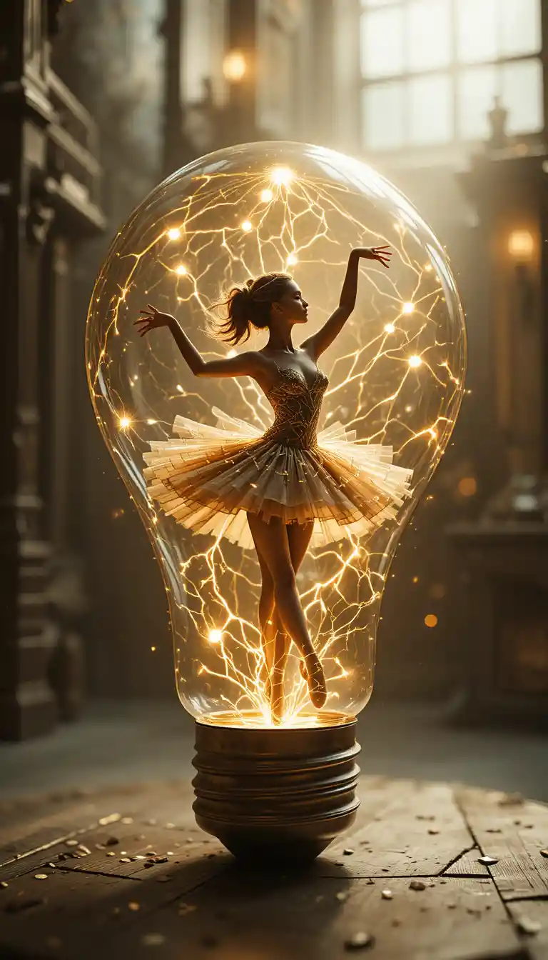Ballerina Silhouette Dancing Inside A Glowing Light Bulb