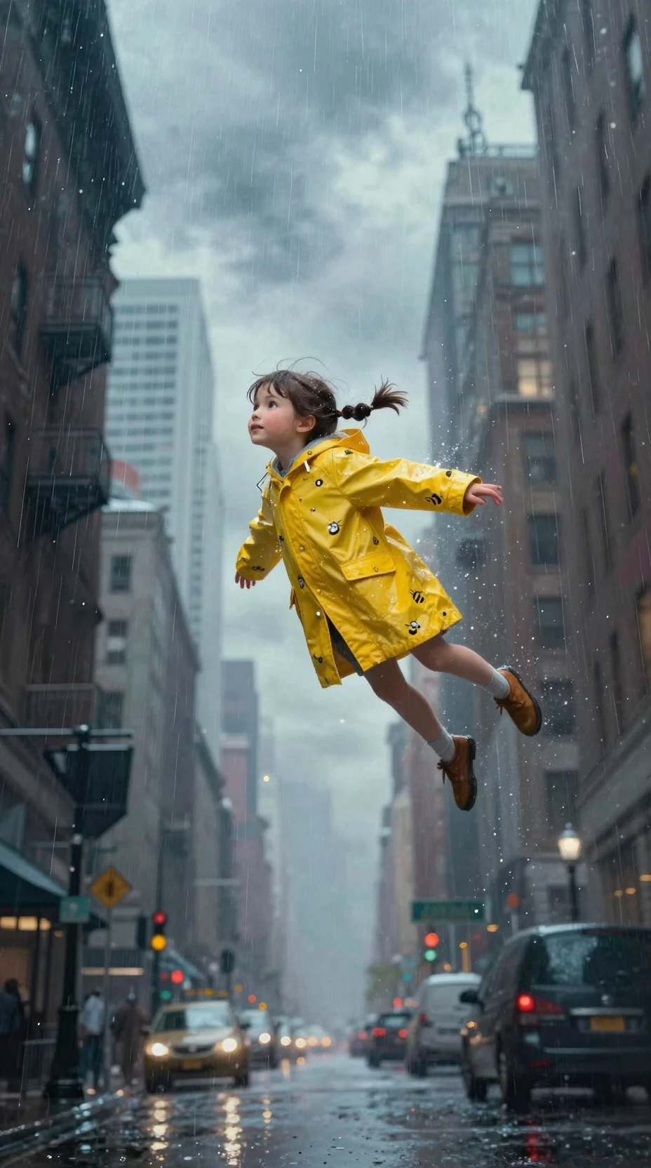 Girl in yellow raincoat floating above rainy city street