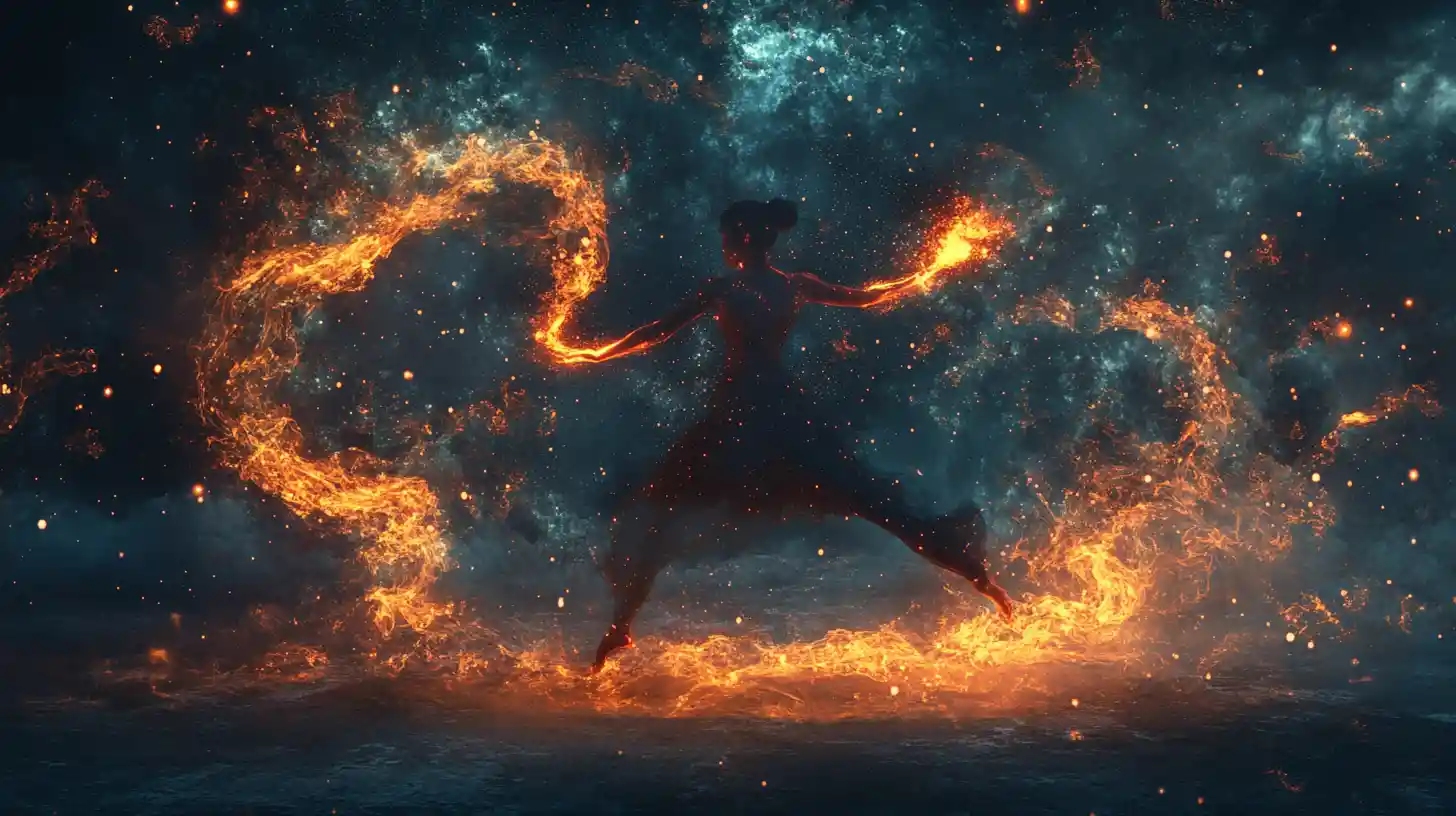 Surreal dancer dividing a world of fire and mist