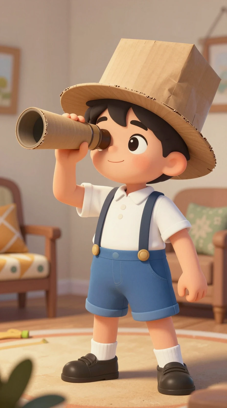 Young boy playing with a cardboard spyglass indoors