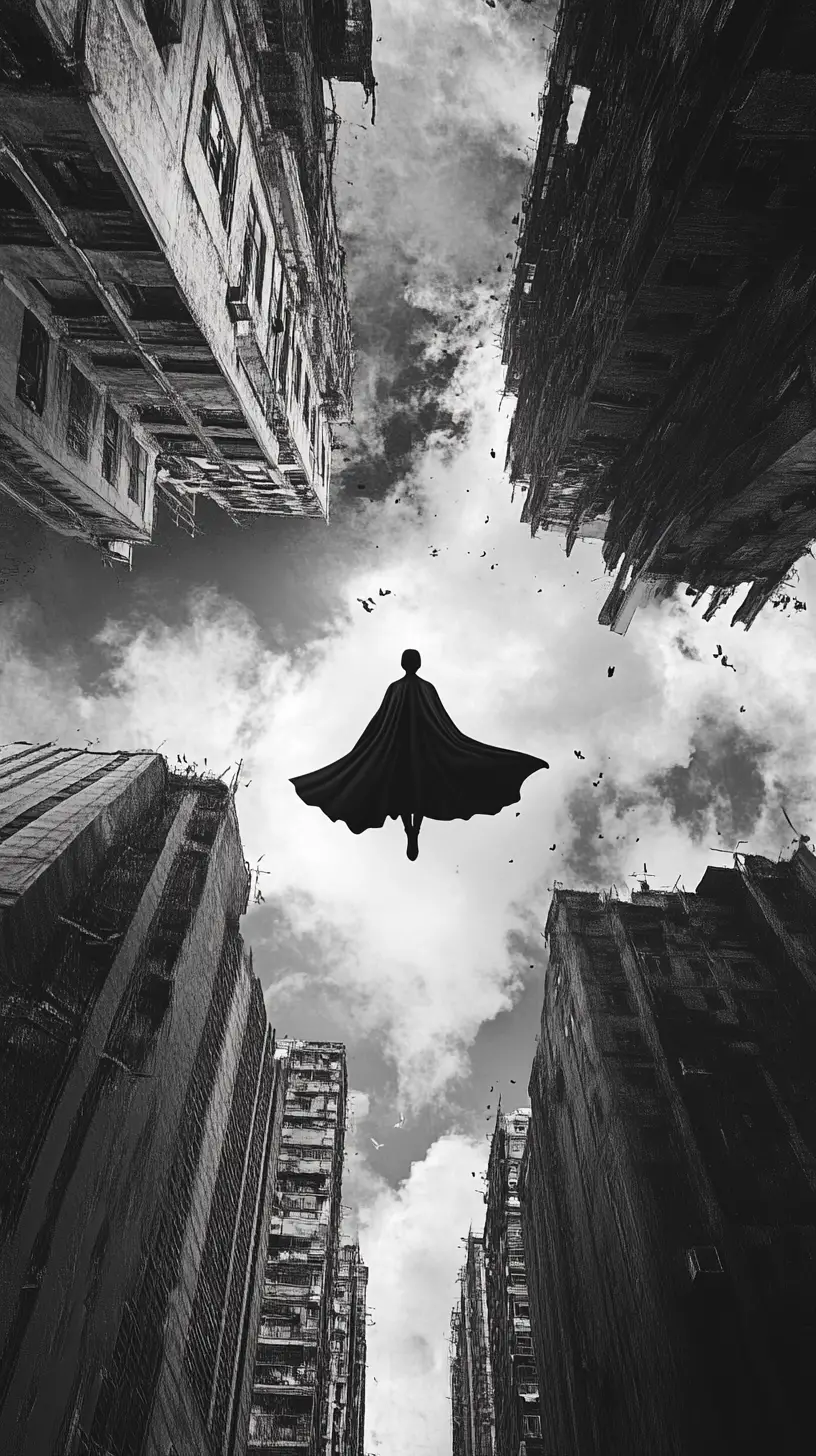 Super-herói do dia a dia voando à noite sobre as ruas da cidade