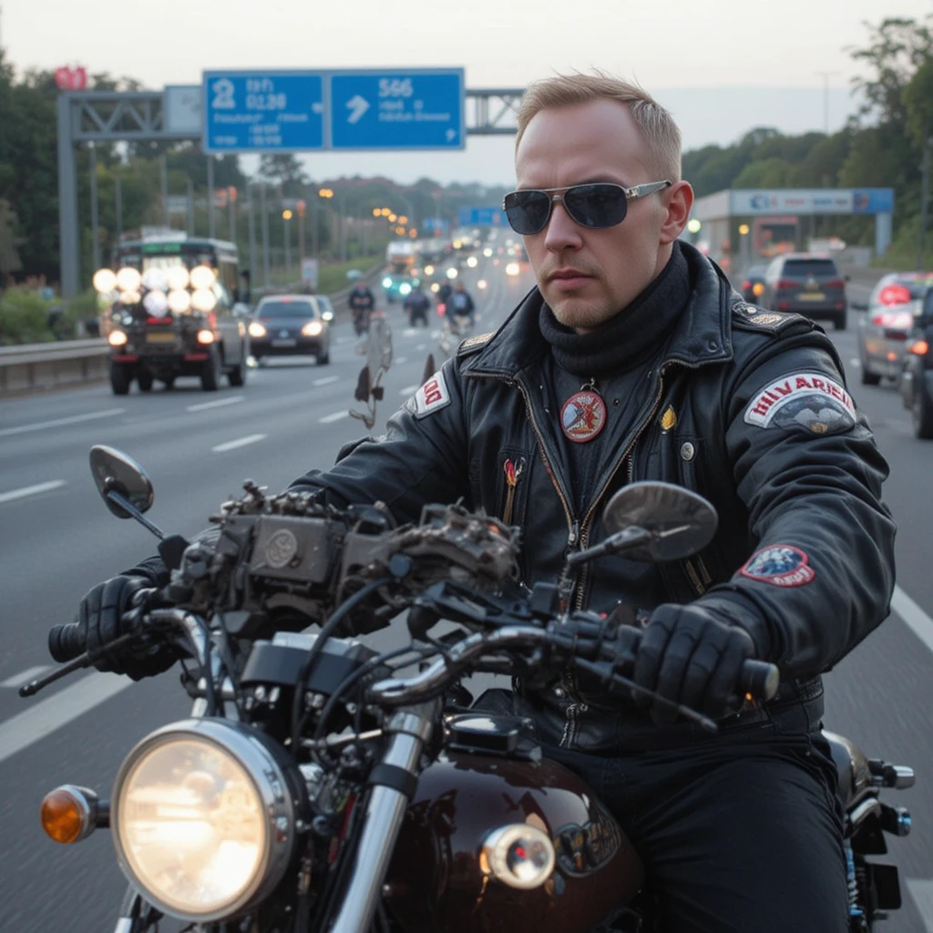Motorcyclist speeding along busy highway at high speed