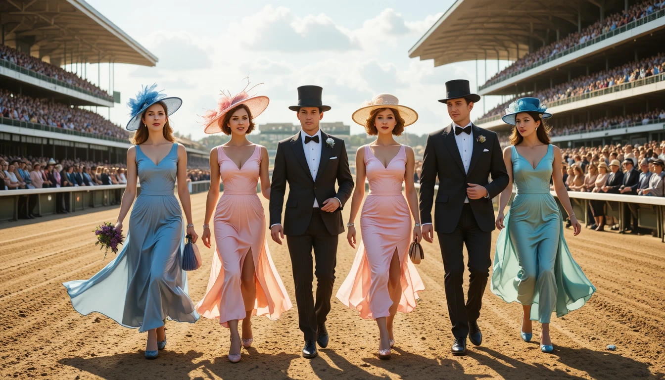 Elegant crowd walking along a sunny horse racetrack