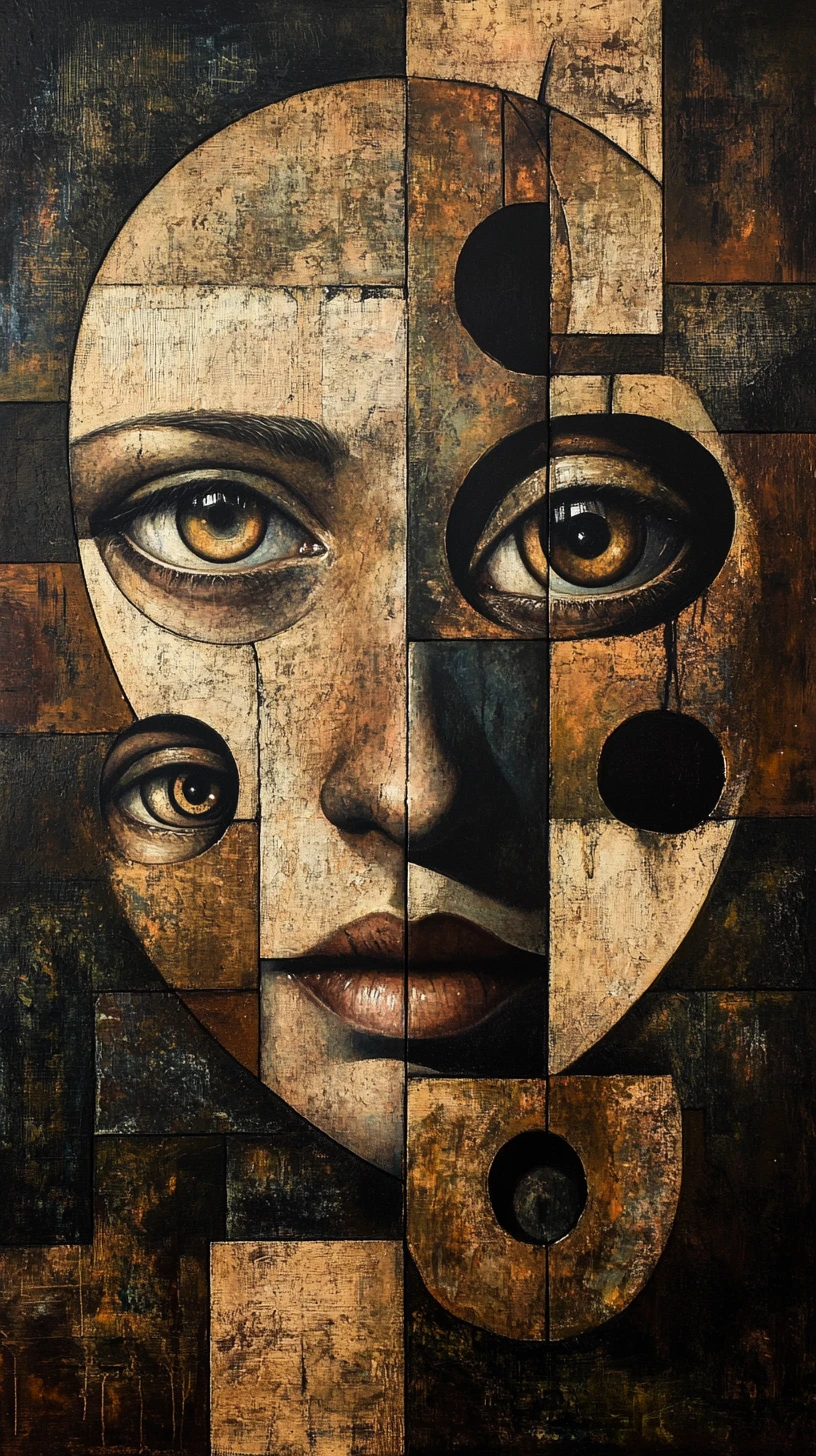 Surreal cubist portrait of fragmented mechanical human faces