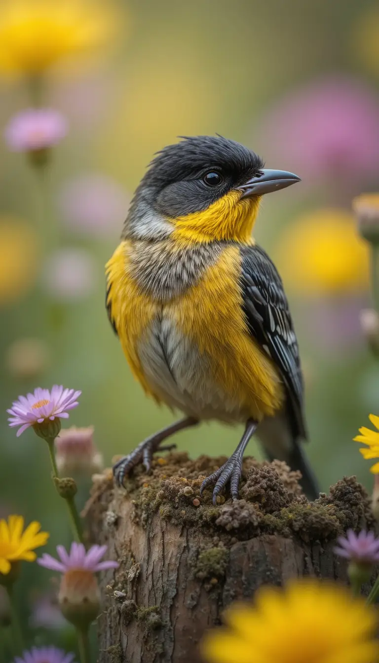 Great tit songbird against wildflower field studio background