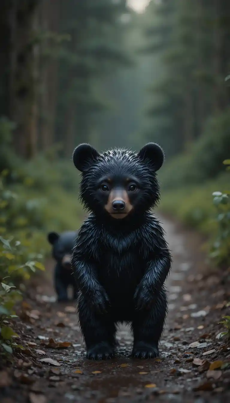 Nasser Bärenjunges in einem stillen Wald in der Dämmerung