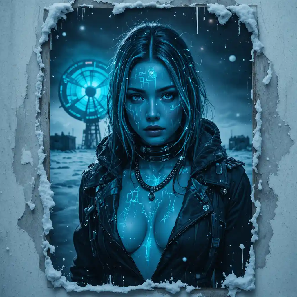 Verfallenes Arktis-Poster mit neonbeleuchtetem Cyberpunk-Frauenporträt