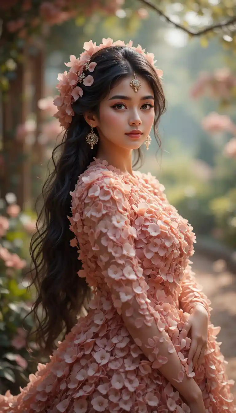 Floral Indian woman forming from swirling petals in garden