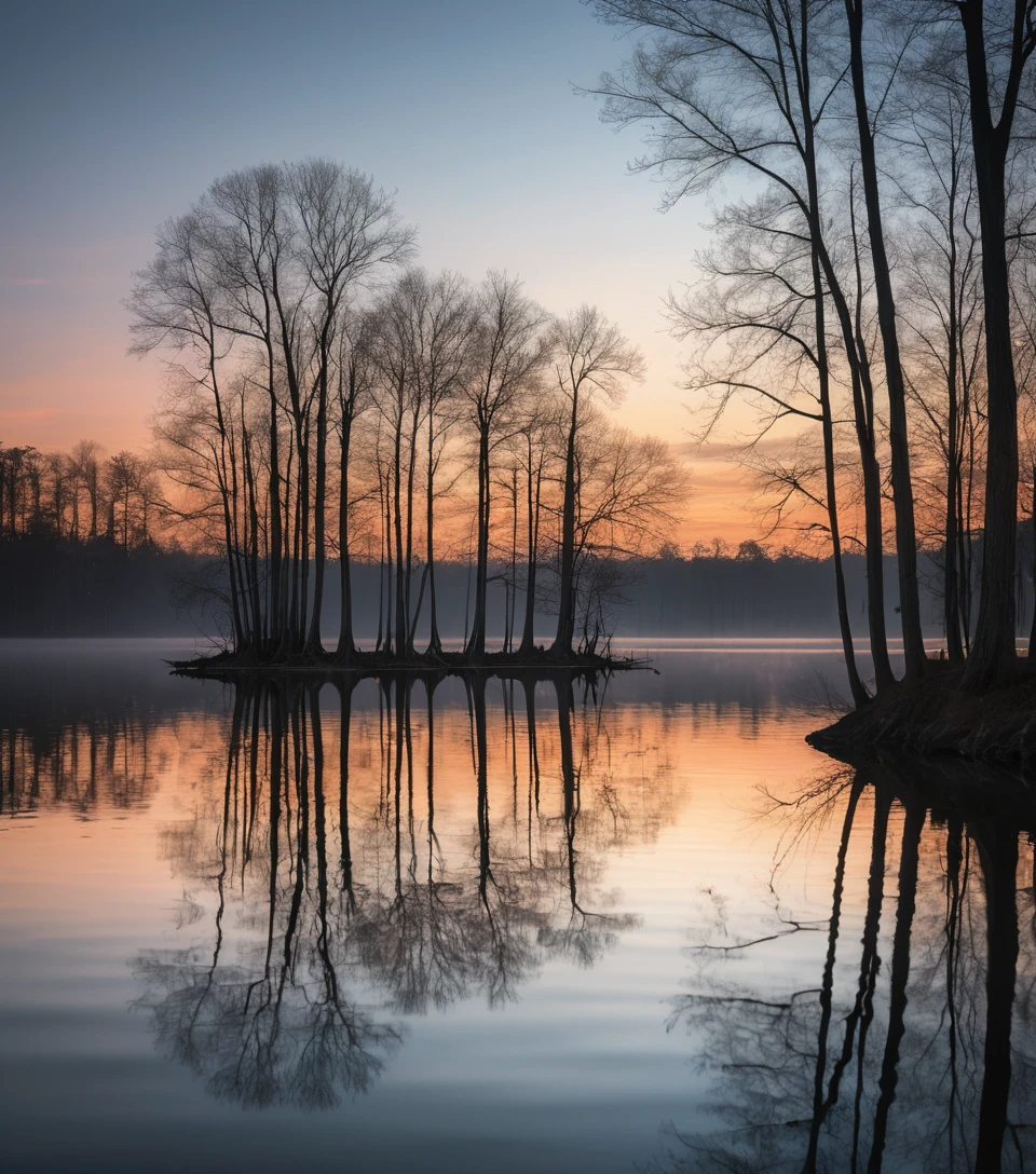 Tranquil Lake Sunset With Bare Trees And Reflections
