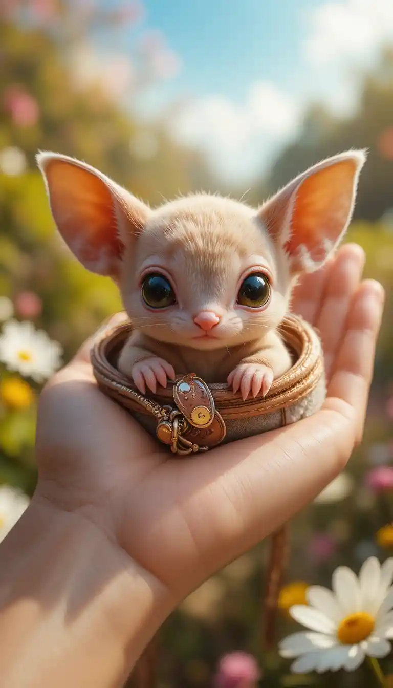 Tiny fantasy creature resting in a gentle human hand