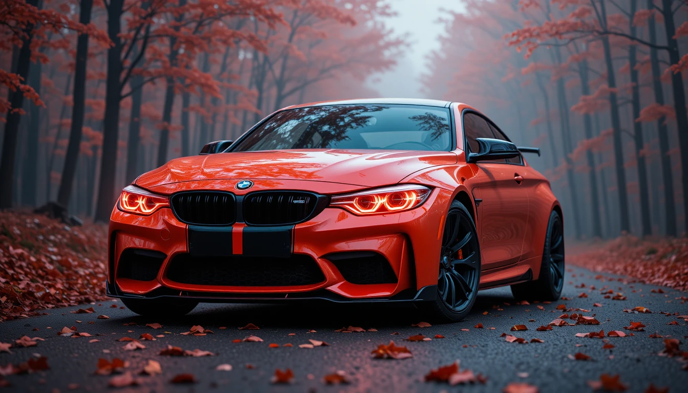 Neonorangefarbener BMW-Sportwagen auf nebliger Waldstraße