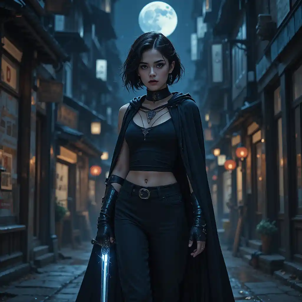 Guerrera de cabello oscuro en un callejón urbano a la luz de la luna