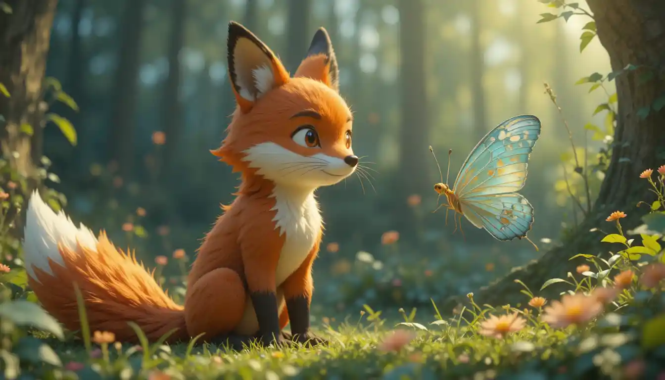 Cute 3D fox and butterfly in a child friendly style