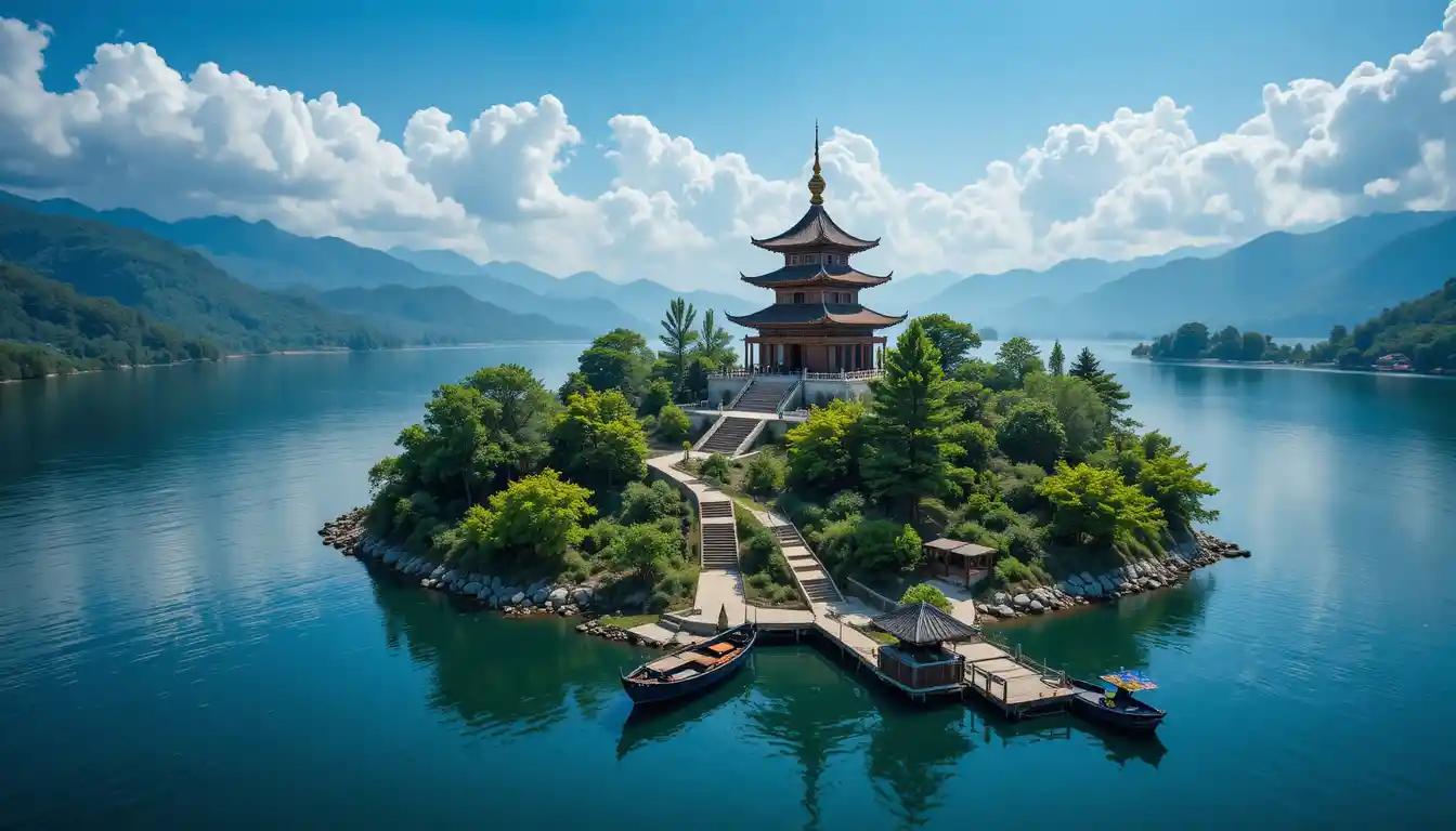 Veduta aerea di un tranquillo tempio su un’isola in un lago blu