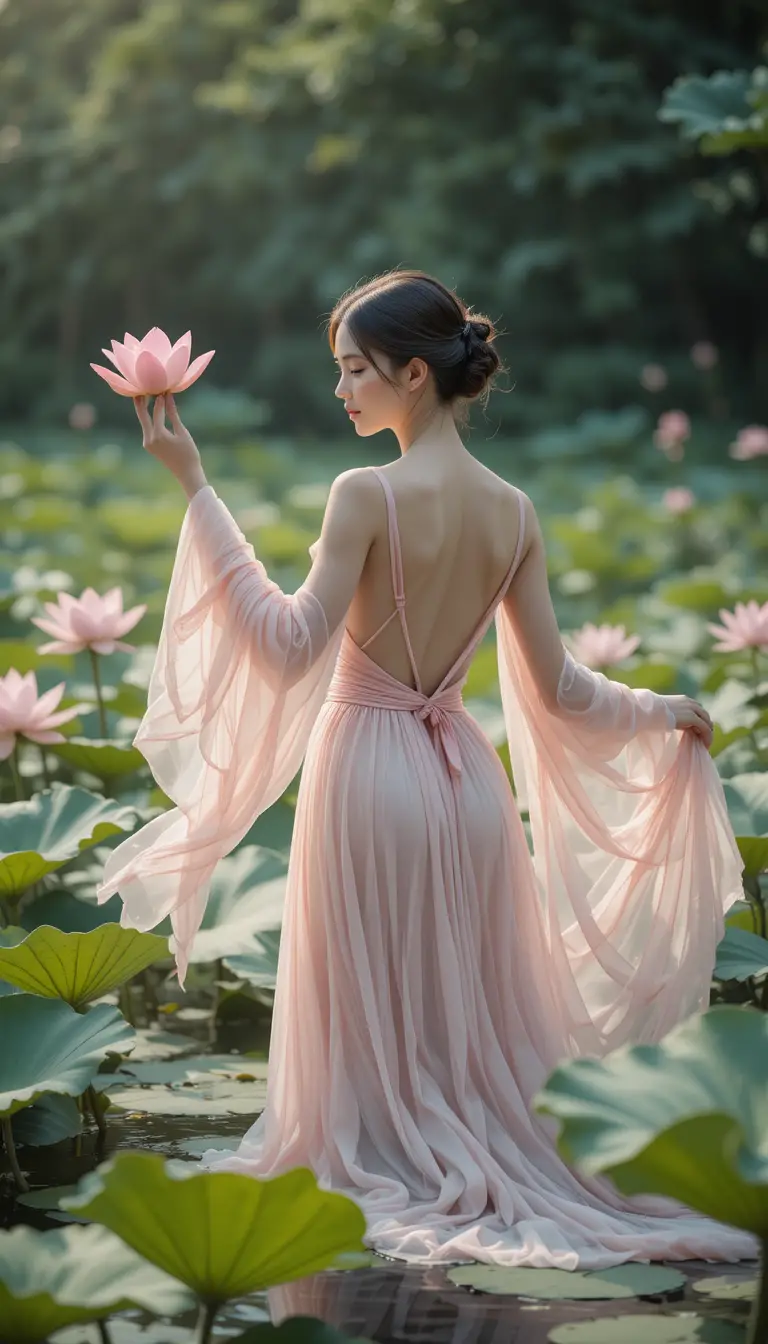 Ethereal woman in pink gown among serene lotus flowers