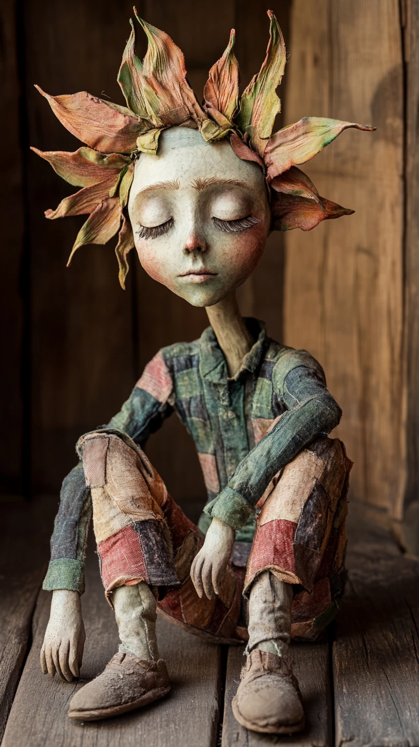 Melancholic surreal figure with wilted flower head
