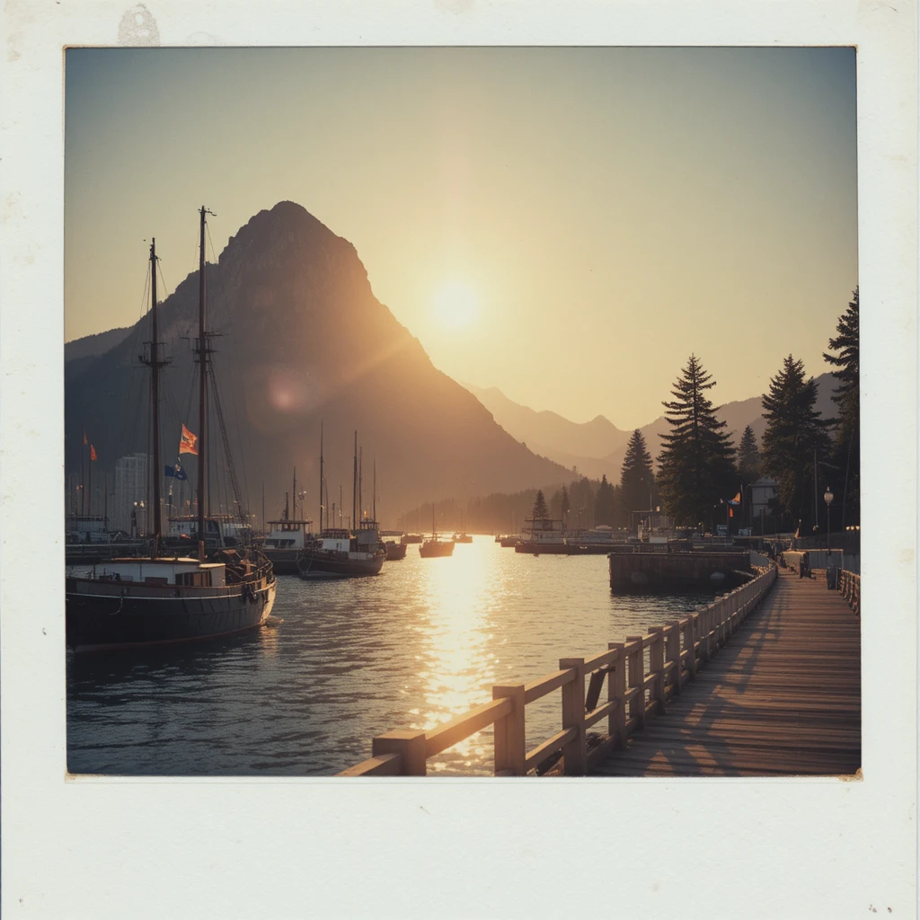Peaceful harbor at sunset with mountain and sparkling water