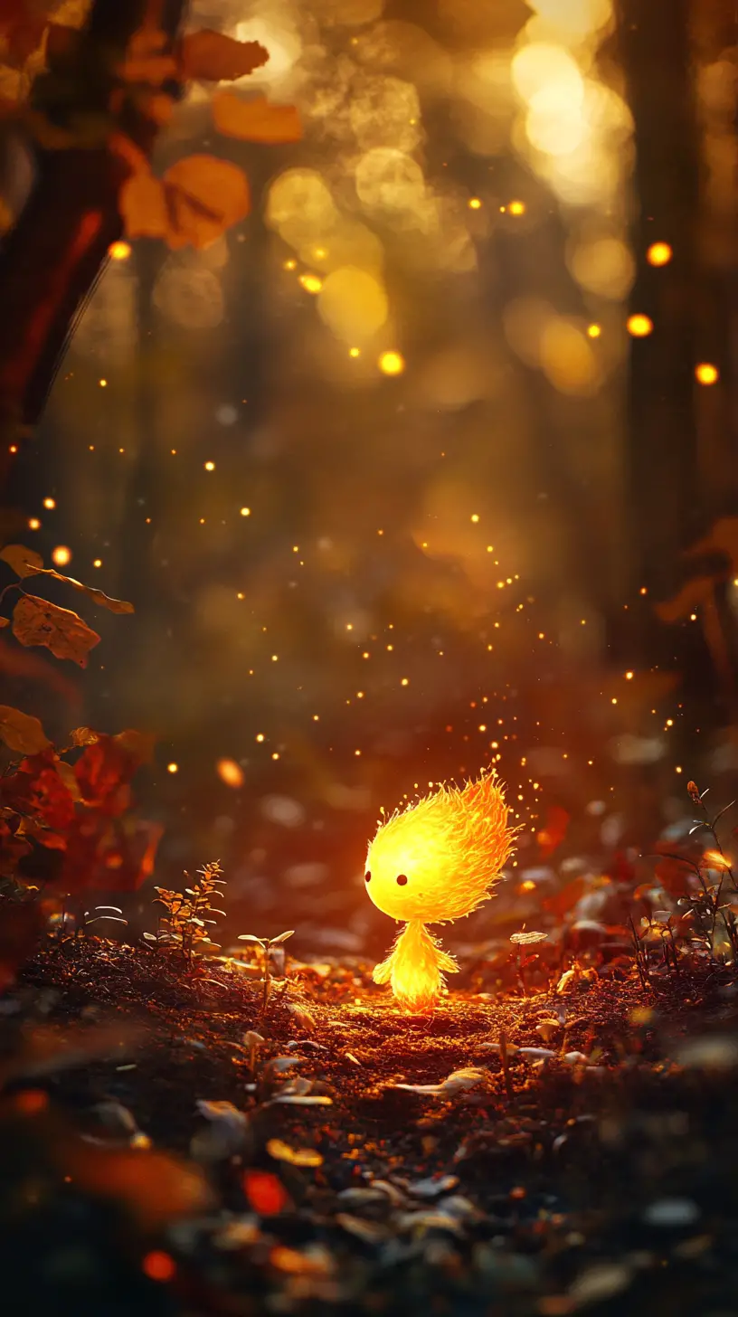 Small Glowing Flame Spirit In A Soft Dark Forest