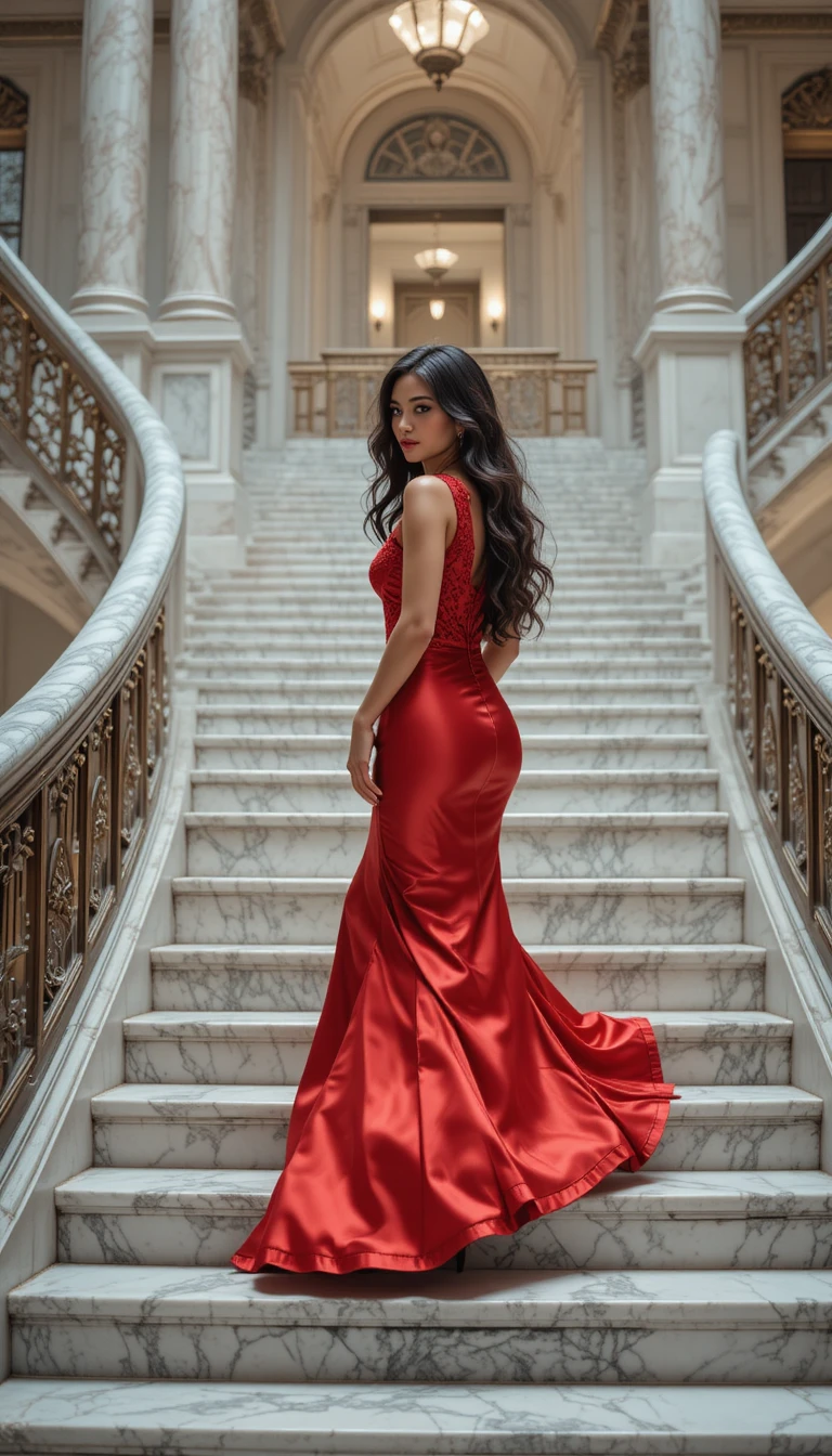 Elegante Frau im roten Satin­kleid auf einer Marmortreppe