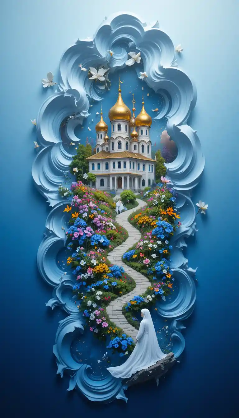 Visione di chiesa in gouache e acrilico su pennellata astratta blu