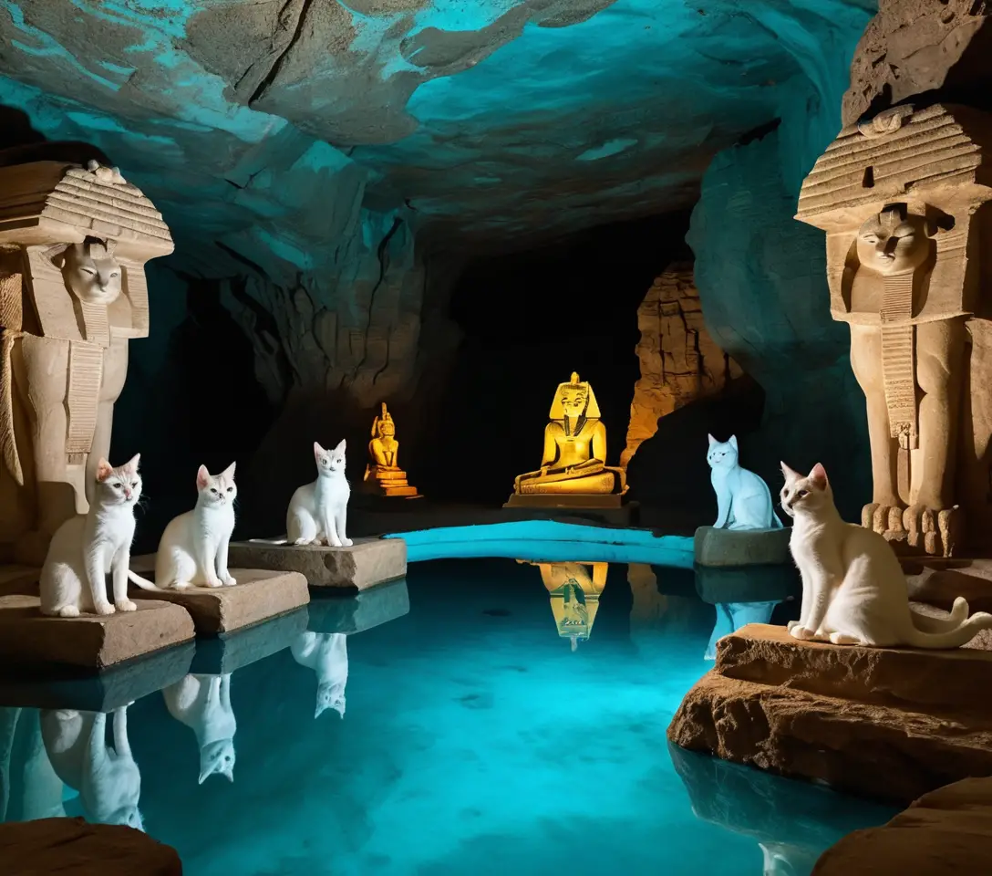 Mystical underground shrine with glowing pool and white cats
