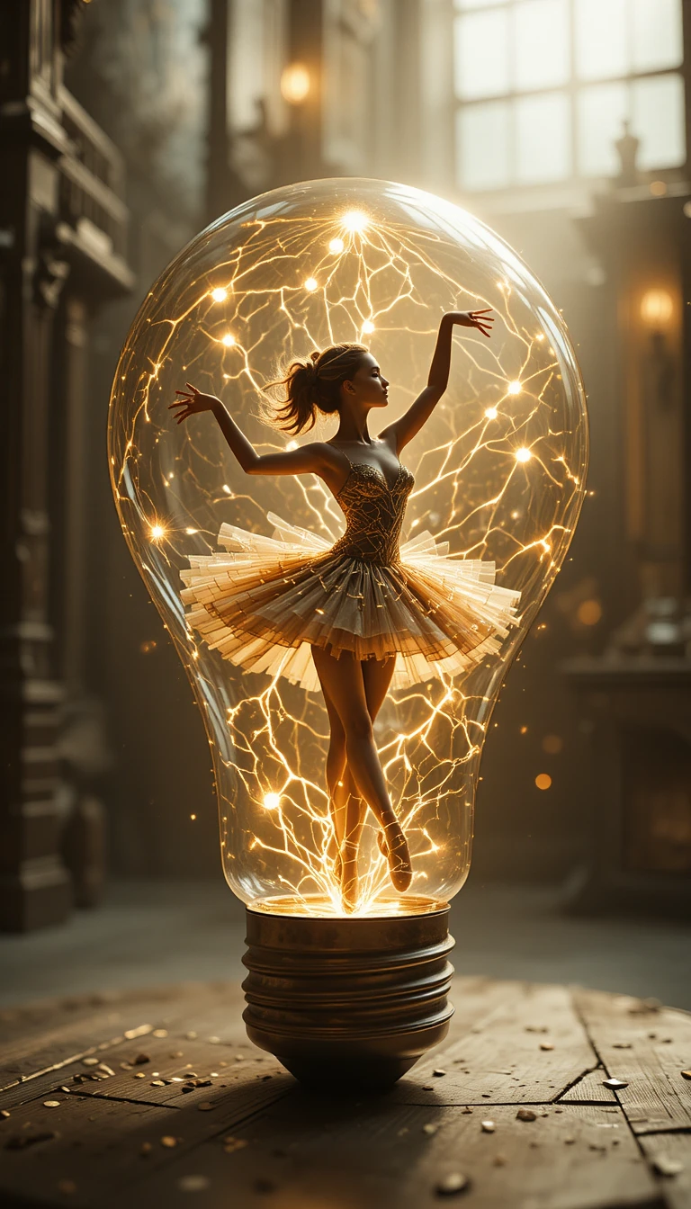 Ballerina Silhouette Dancing Inside A Glowing Light Bulb