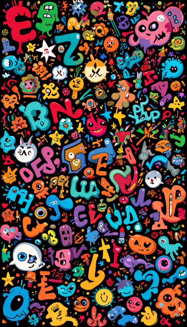 Colorful abstract doodles and symbols on black background