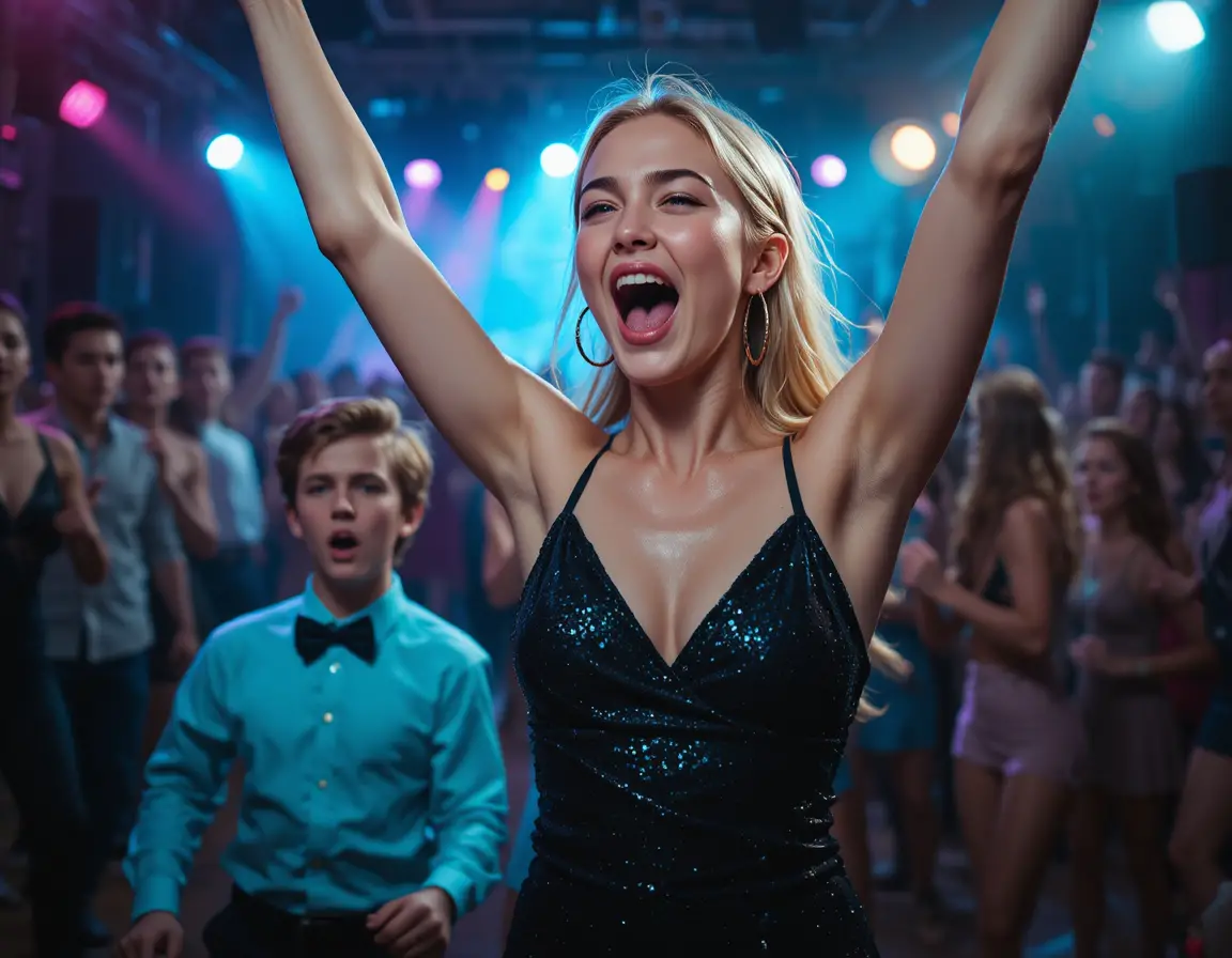 Young woman screaming with joy at crowded party