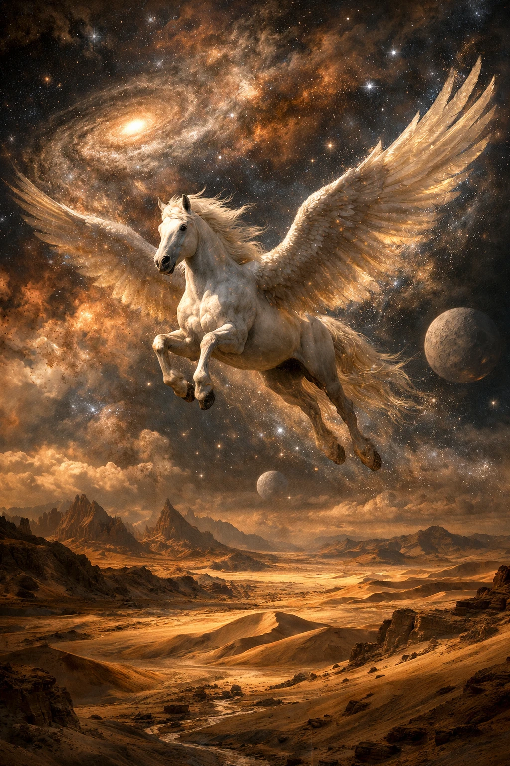 Majestic pegasus flying through a glowing cosmic nebula