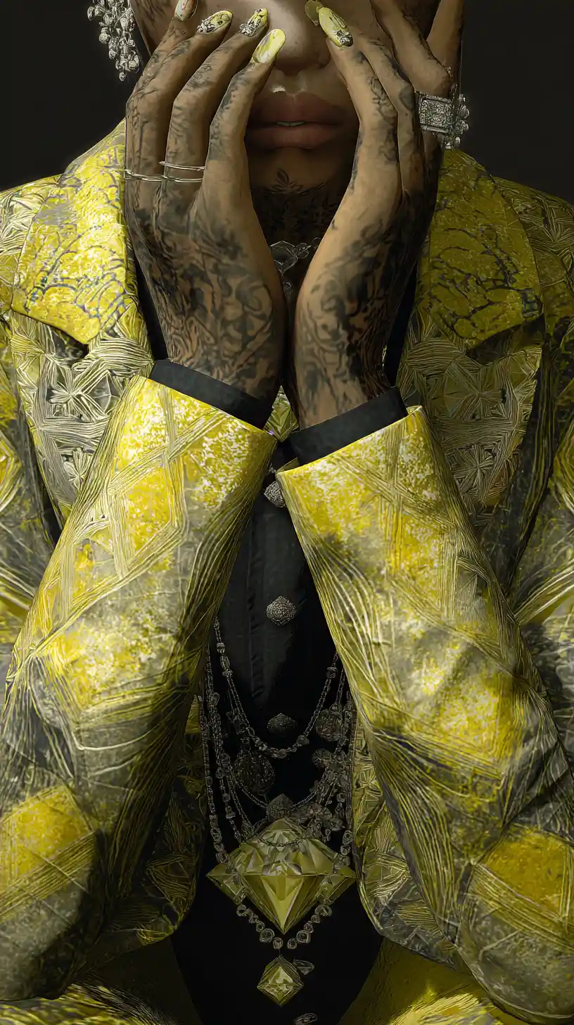 Yellow diamond jewelry displayed on folded clothing sleeves