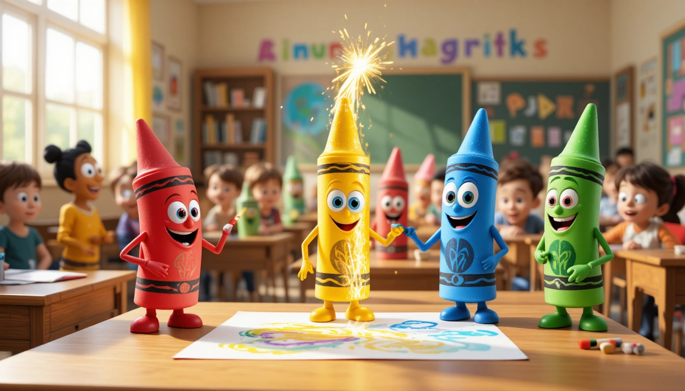 Pastelli a cera cartoon sorridenti che creano arte in una luminosa aula scolastica