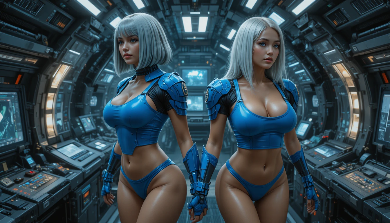 Zwei Sci-Fi-Frauen in Rüstung an Bord eines futuristischen Raumschiffs