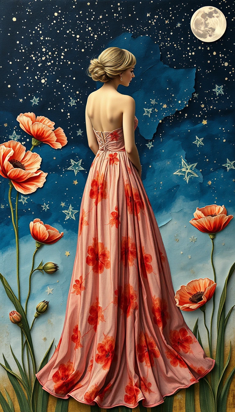 Femme élégante en robe de haute couture contemplant la lune