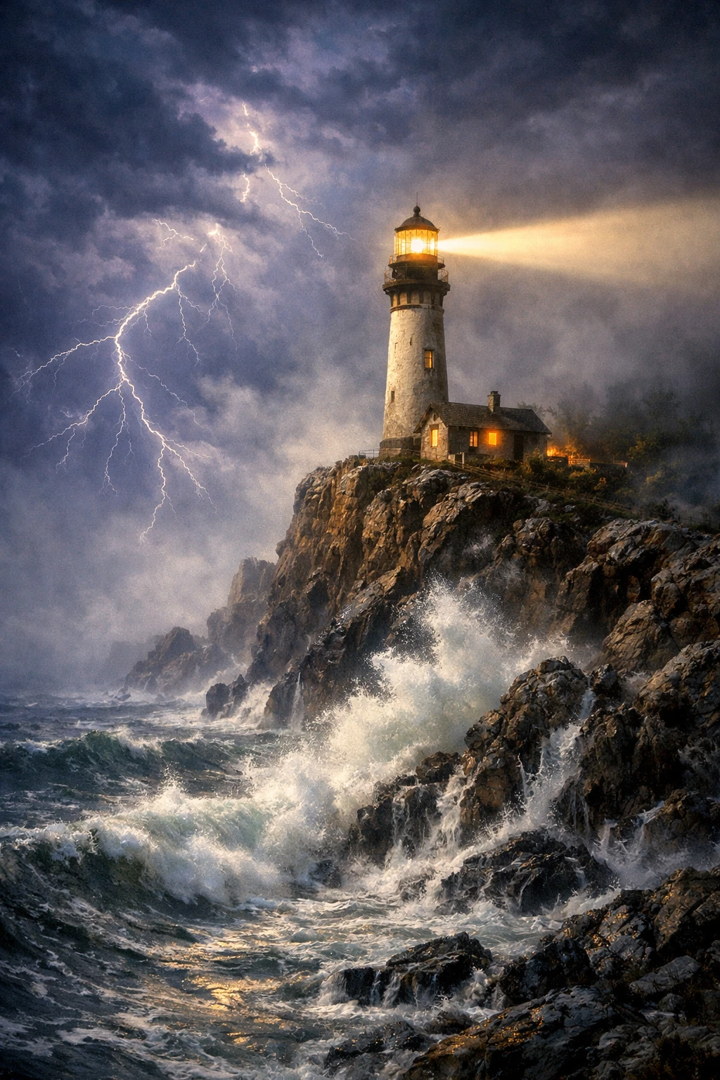 Farol brilhando através do céu noturno tempestuoso e nebuloso