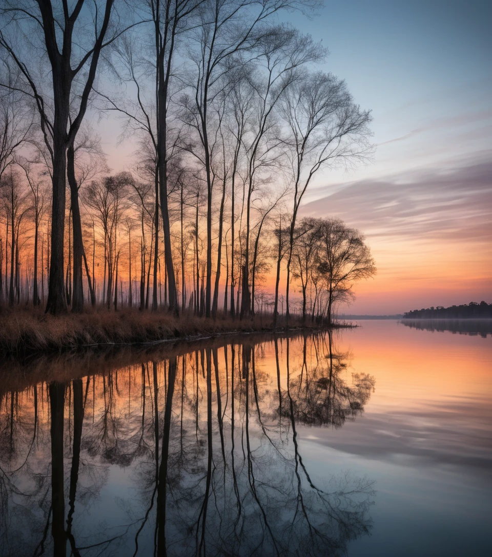 Orinoco River Sunset With Bare Trees And Mirror Reflections