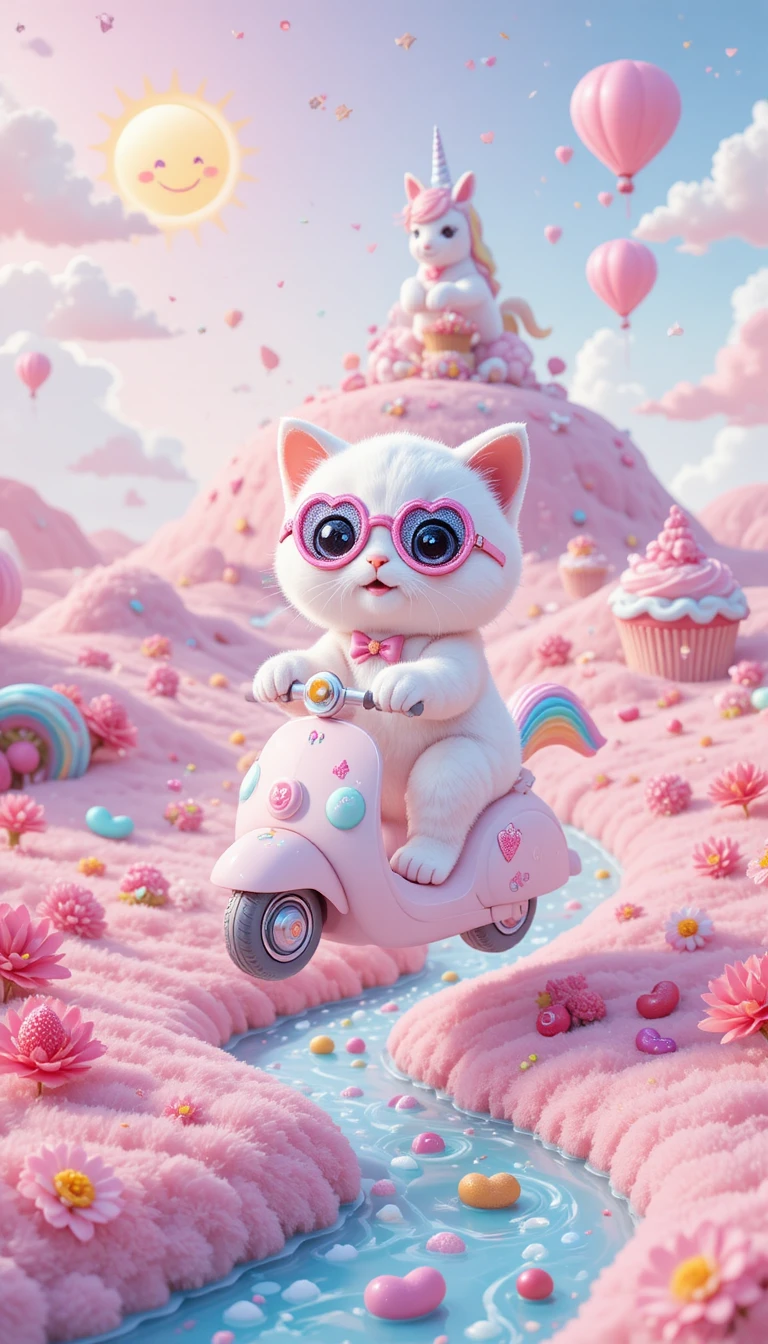 Cute white kitten riding a rainbow bunny on clouds