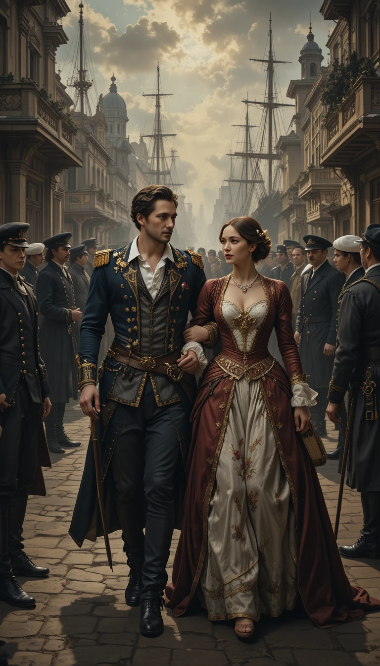 Noble couple walking through a bustling baroque harbor scene